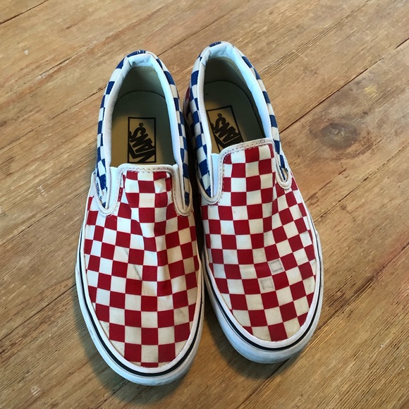 Vans Shoes - Vans red and blue checkered slides